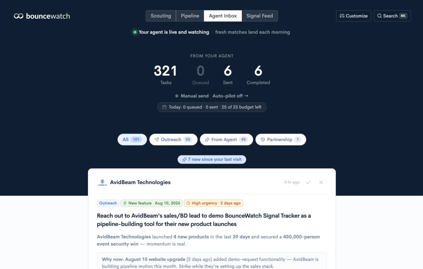 Signal Tracker agent inbox — scored tasks with the reason attached